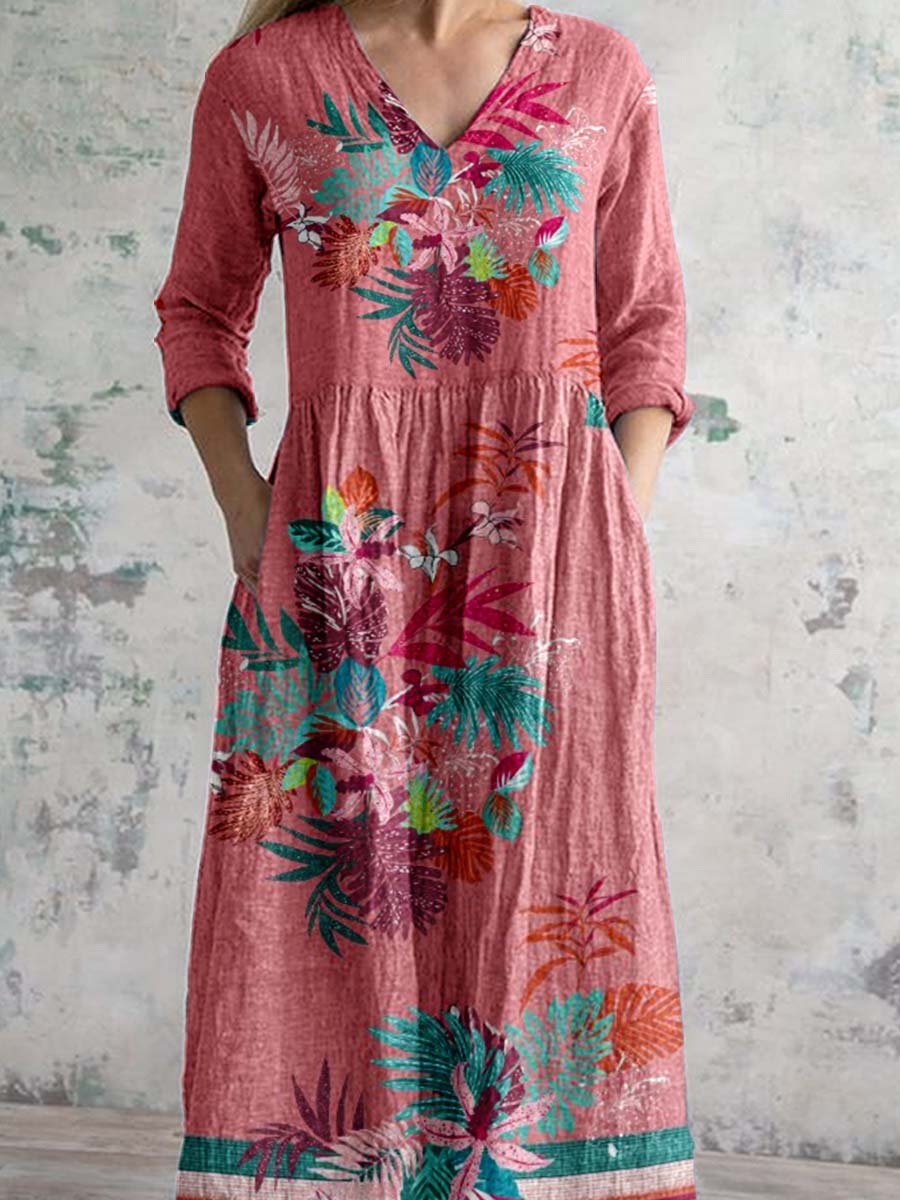 123-240608-20Women's V-neck Elegant Floral Pattern Cotton Dress