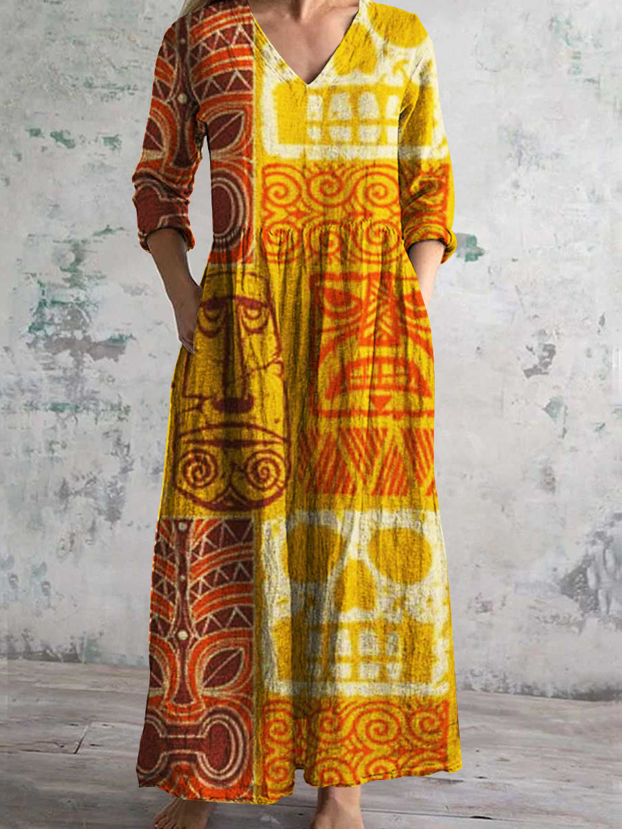 Women's V-neck Vintage Elegant Art Geometric Painted Long Sleeve Dresses