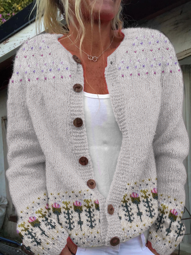 Floral Print Long Sleeve Casual Knitted Cardigan
