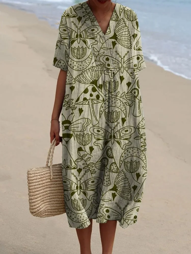 Women's Vintage Lovely Floral Butterfly Art Print Flowy Dress