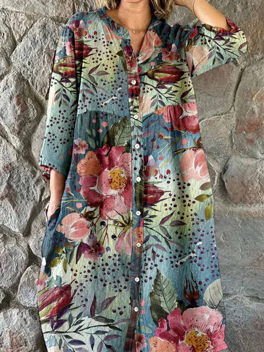Women's Elegant Floral Print Cotton and Linen Shirt Dress