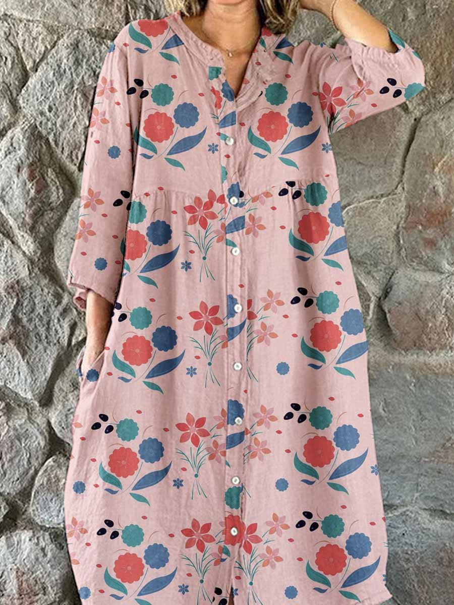 Women's Elegant Floral Print Cotton and Linen Shirt Dress