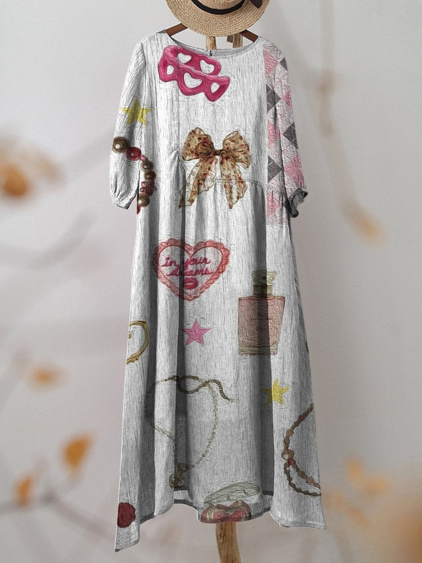 Women's Oil Painting Texture Collage Cute Bow Print Pocket Cotton Dress