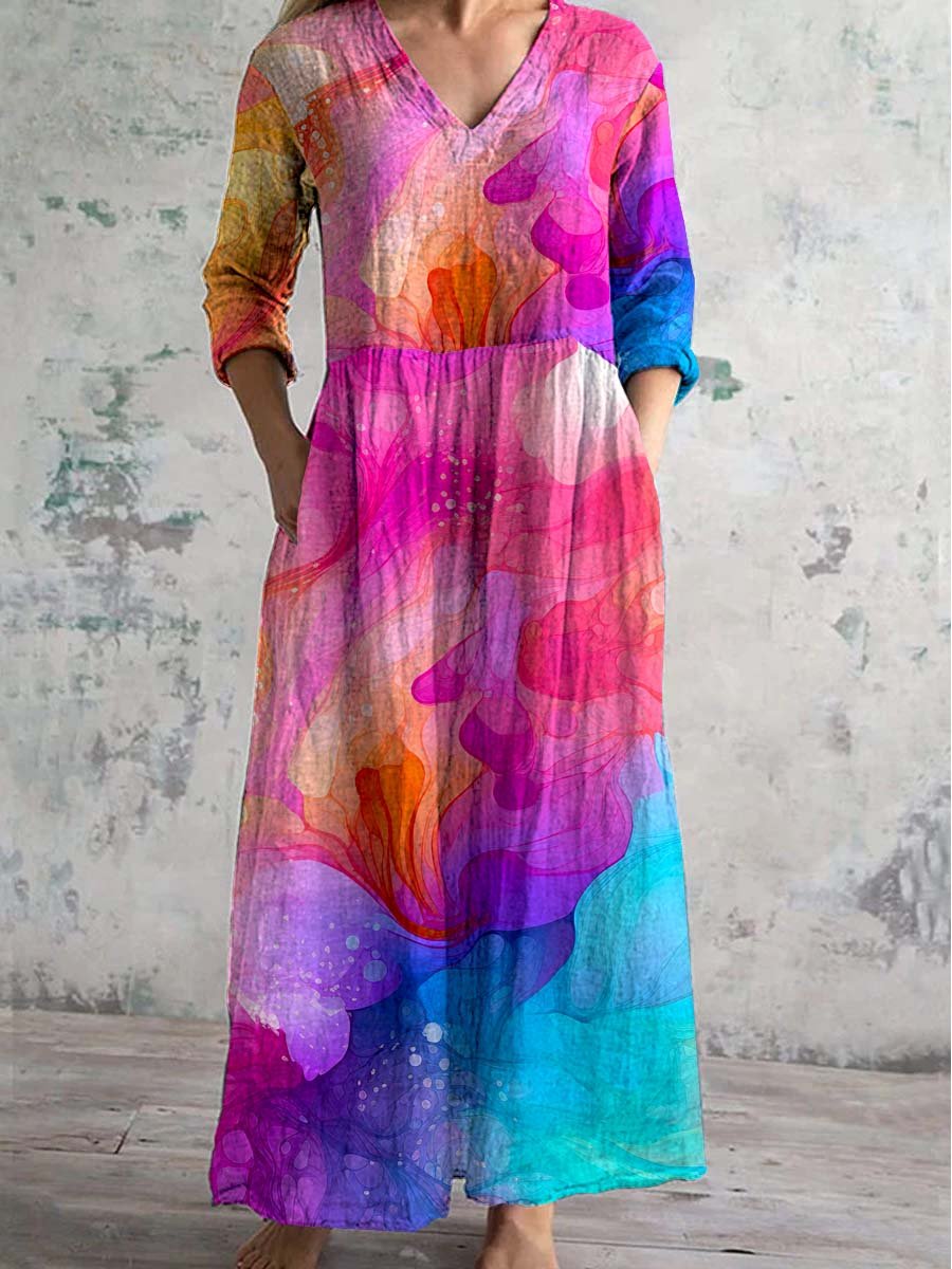 Women's V-neck Splash Art Cotton And Linen Dress With Pockets