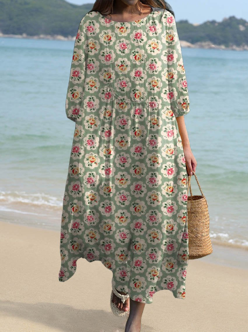 Women's Vintage Floral Art Print Pocket Cotton Dress