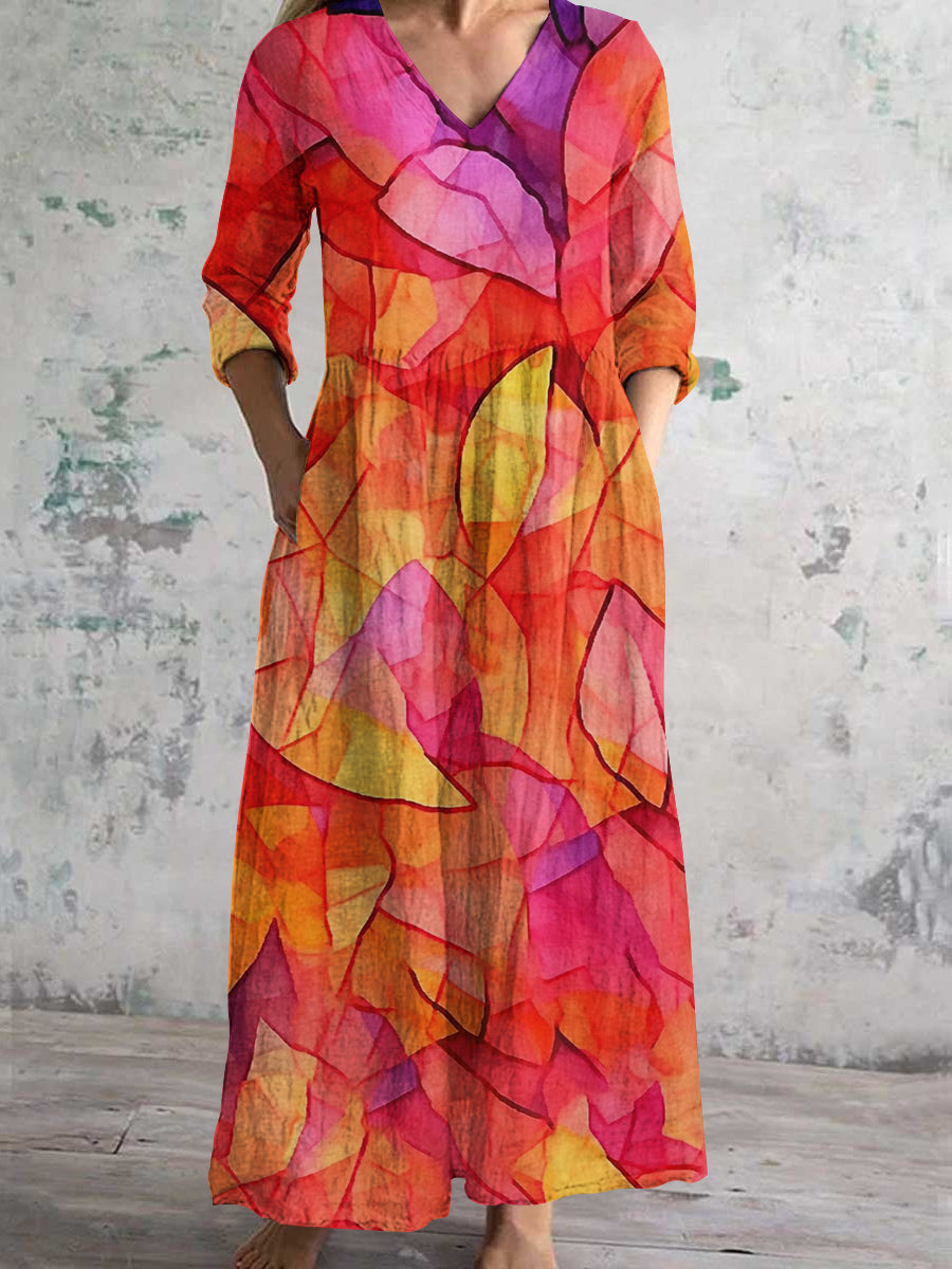 Women's V-neck Red Leaf Abstract Art Print Cotton and Linen Pocket Dress