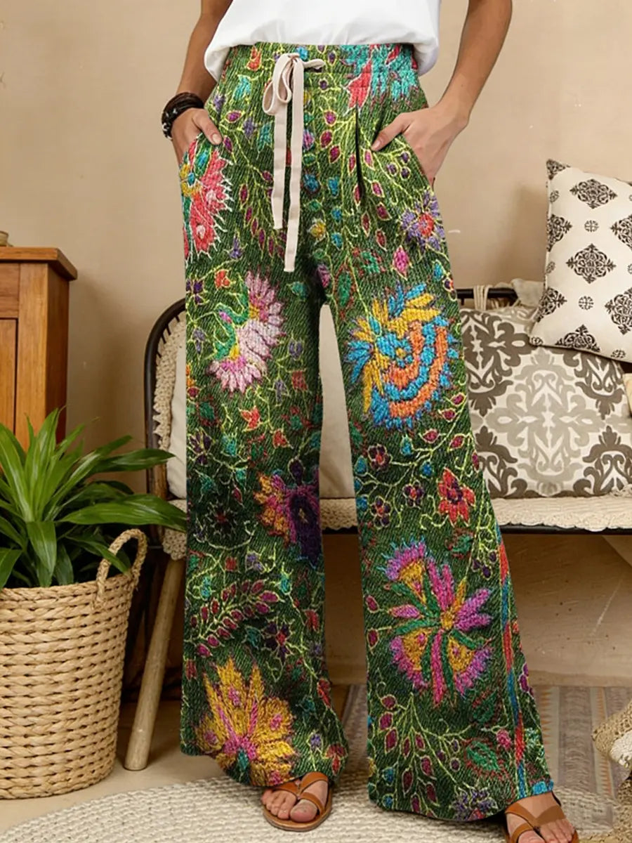 Women's Retro Ethnic Floral Art Print Comfortable Drawstring Knit Trousers