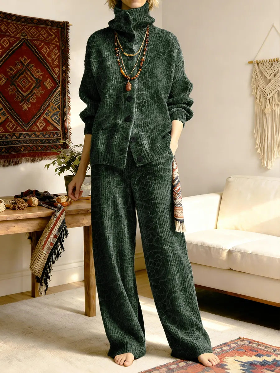 Ethnicity Dark Green Rose Flower Women's Long Sleeve Top And Pants Sweater Suit