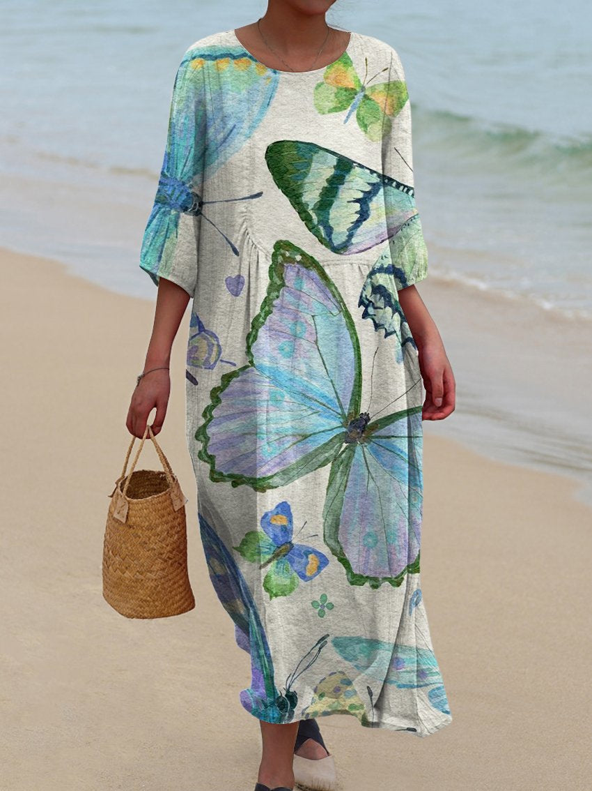 Women's Vintage Blue Butterfly Print Pocket Cotton Dress