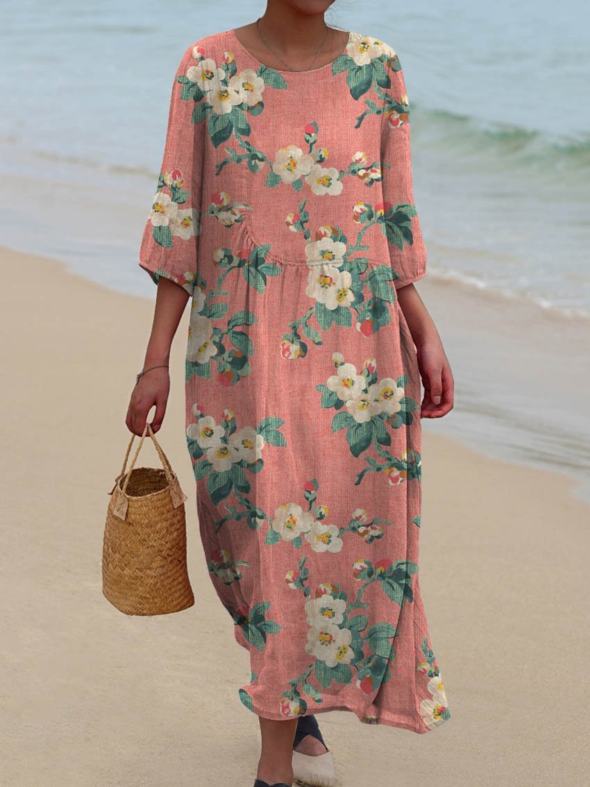 Women's Vintage Floral Art Print Pocket Cotton Dress