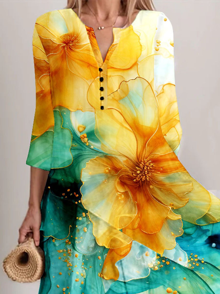 Women's Watercolor Splash Fluid Art Print Flowy Dress