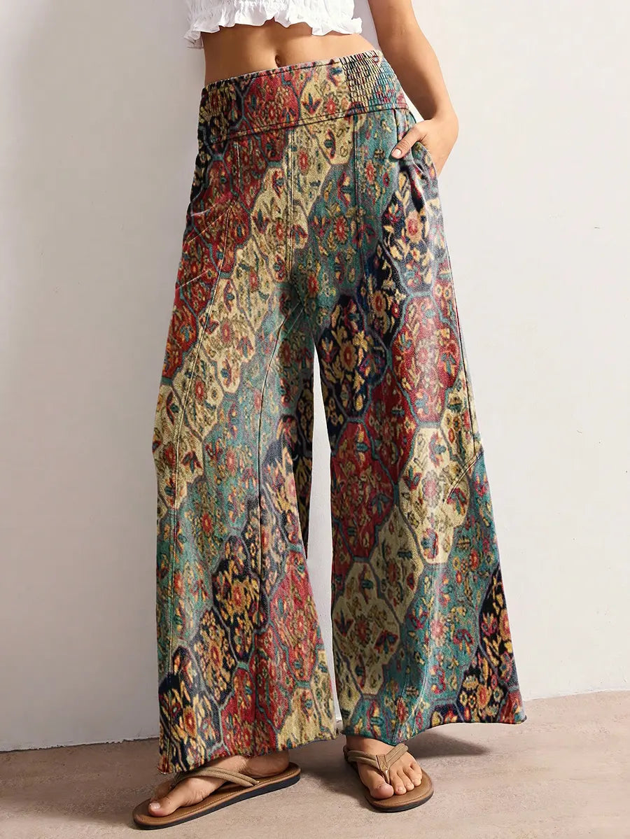 Women's Retro Ethnic Twill Art Print Casual Side Pocket Cotton Pants