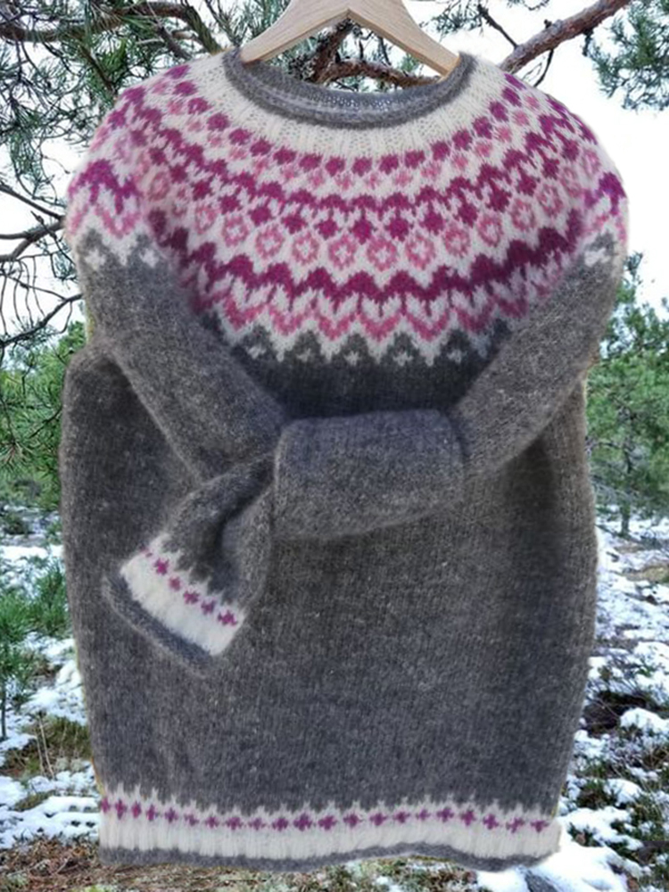 Unisex Vintage Icelandic Knit Jacquard Warmth Crew Neck Sweater