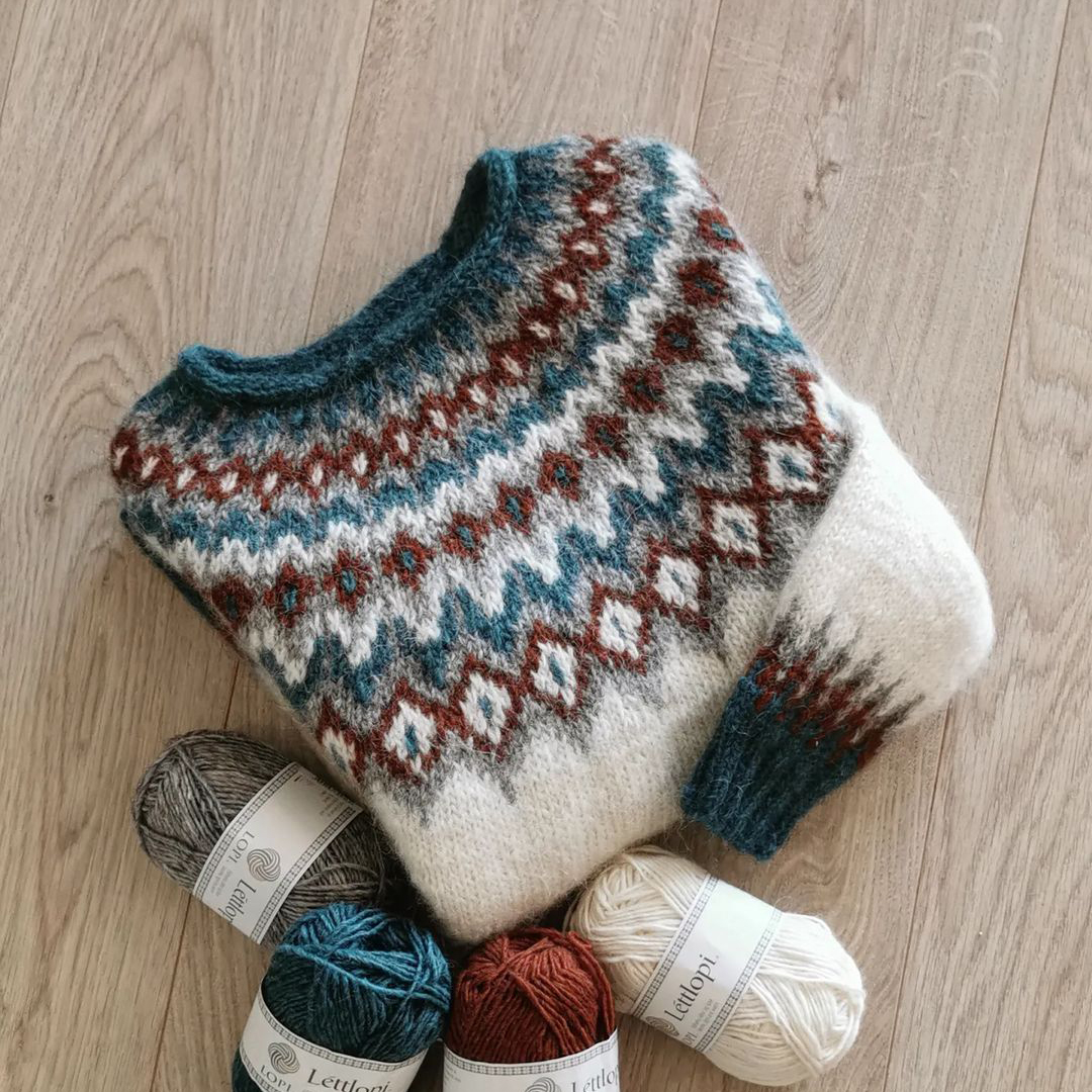 Unisex Vintage Icelandic Leaf Knit Jacquard Crew Neck Sweater