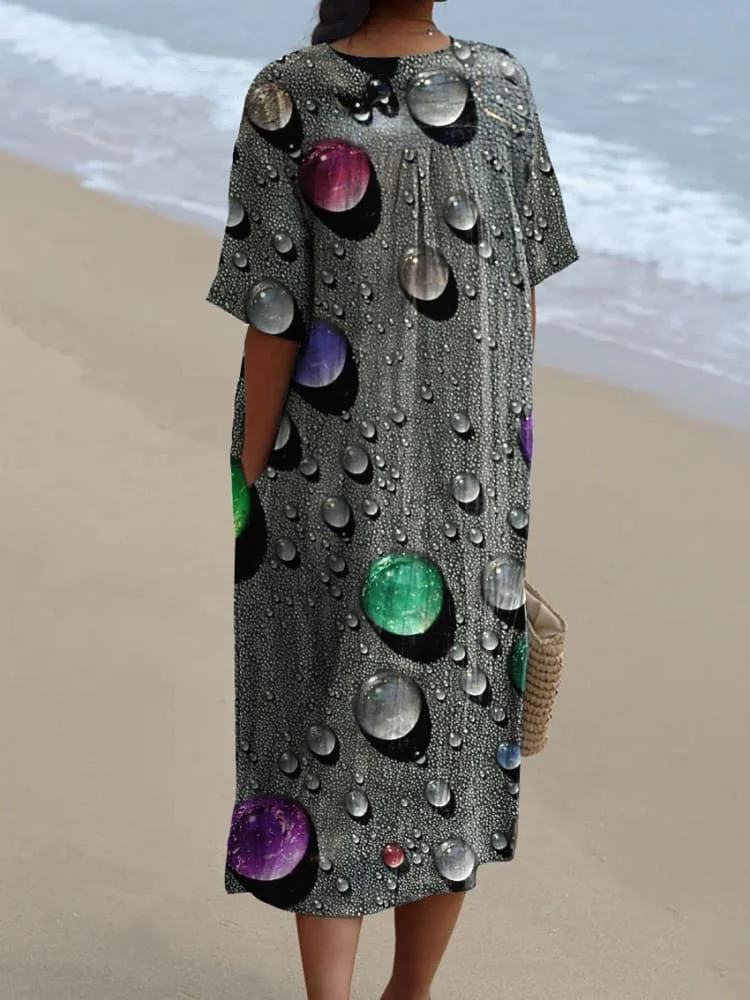 Rainbow Color Water Droplet Art Printed Women's Flowy Dress