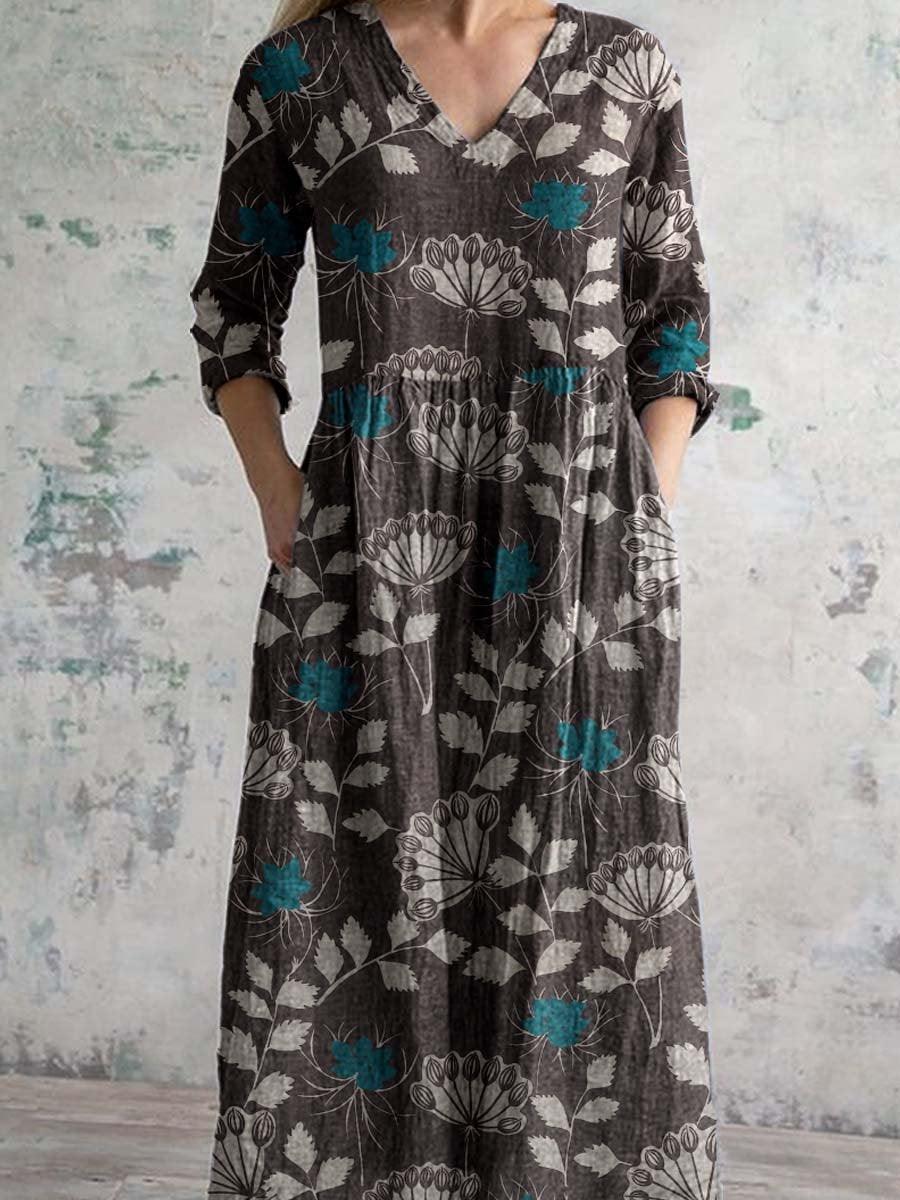 Women's V-neck Elegant Vintage Floral Pattern Cotton Shirt Dress