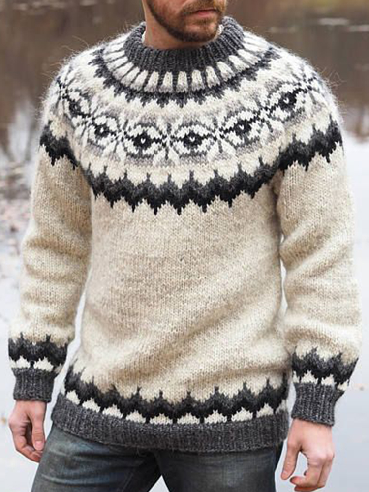 Vintage Beige Knitted Jacquard Iceland Crew Neck Sweater