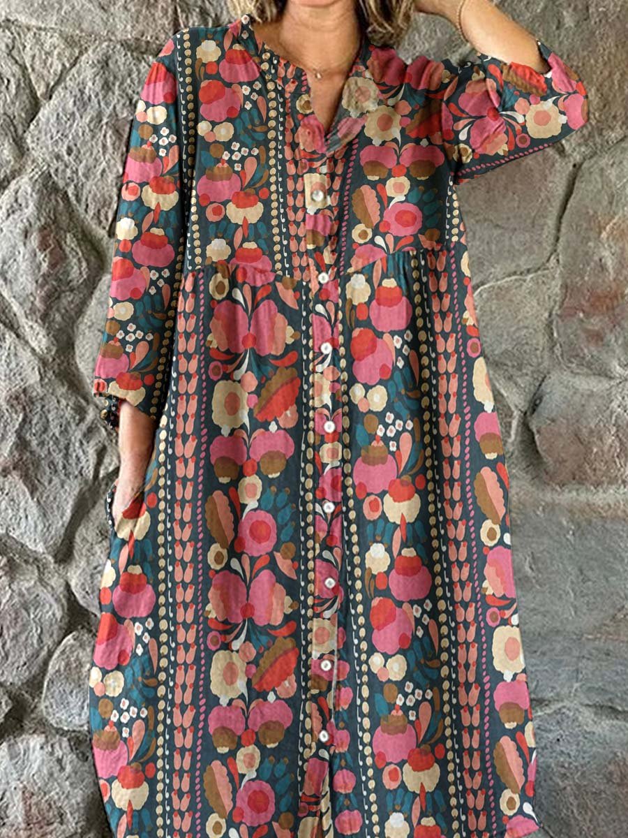 Women's Elegant Geometric Floral Shirt Style Cotton and Linen Dress
