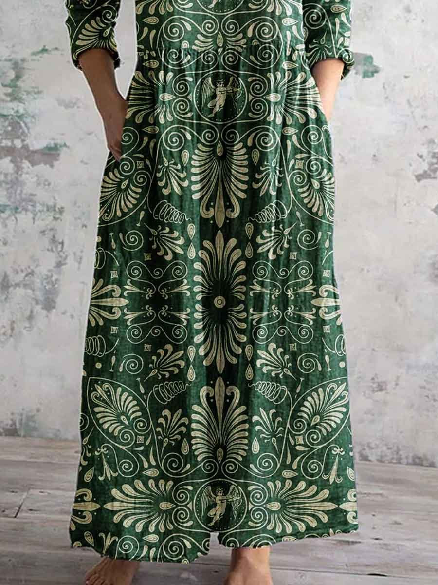 Women's V Neck Angel Floral Pattern Cotton and Linen Dress with Pockets