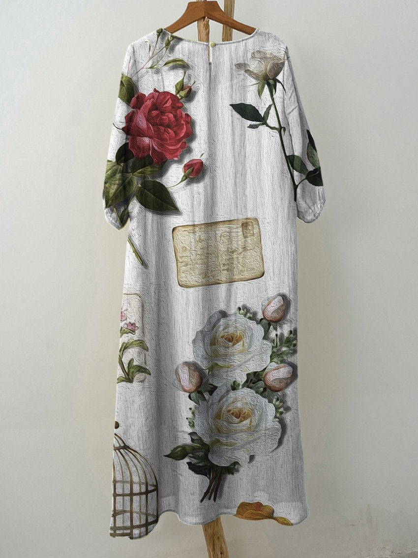 Women's Oil Painting Texture Collage Rose Print Pocket Cotton Dress