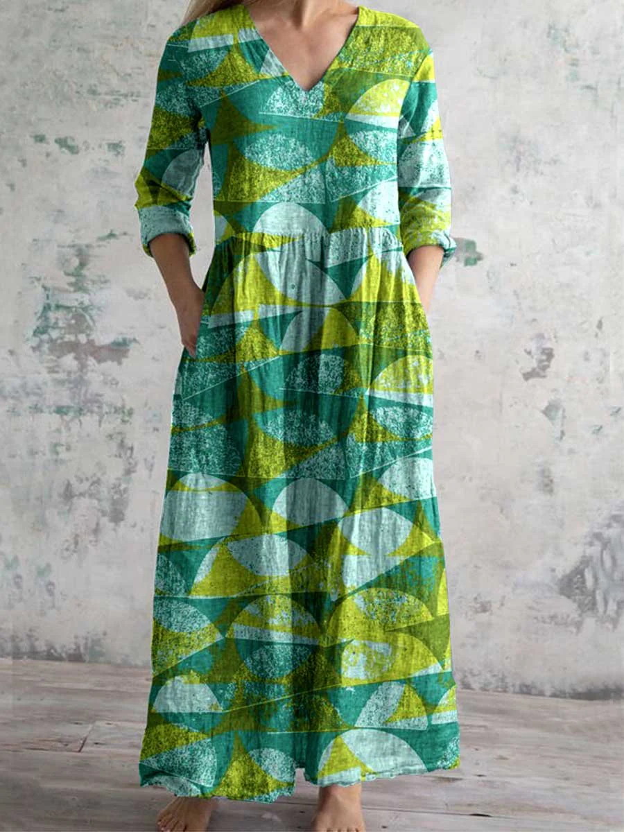 Women's V-Neck Elegant Art Geometric Print Pattern Cotton And Linen Dress With Pockets
