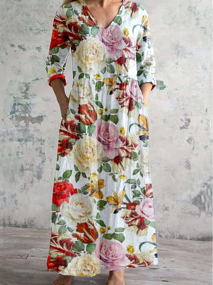 Women's V-neck Floral Print Cotton And Linen Dress With Pockets
