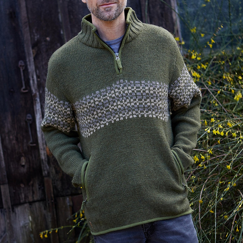 Vintage Warmth Norwool Icelandic Knit Jacquard Half Zip Collar Sweater