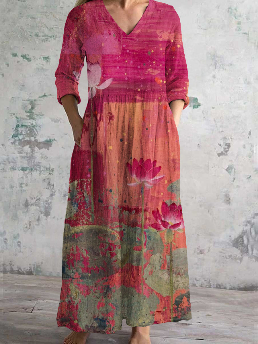 Women's V-neck Lotus Flower Art Print Cotton and Linen Pocket Dress