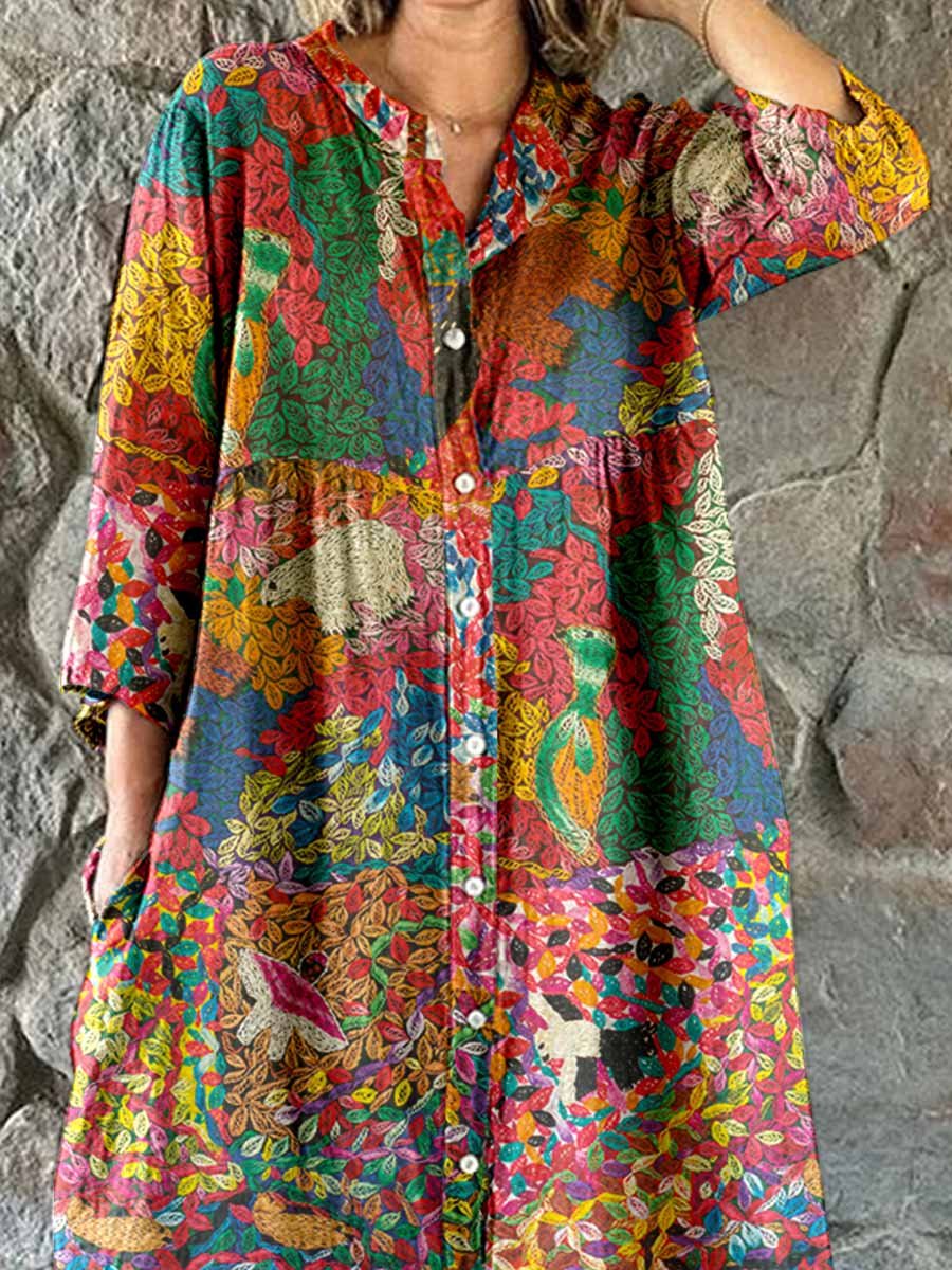 Women's Elegant Floral Print Cotton and Linen Shirt Dress