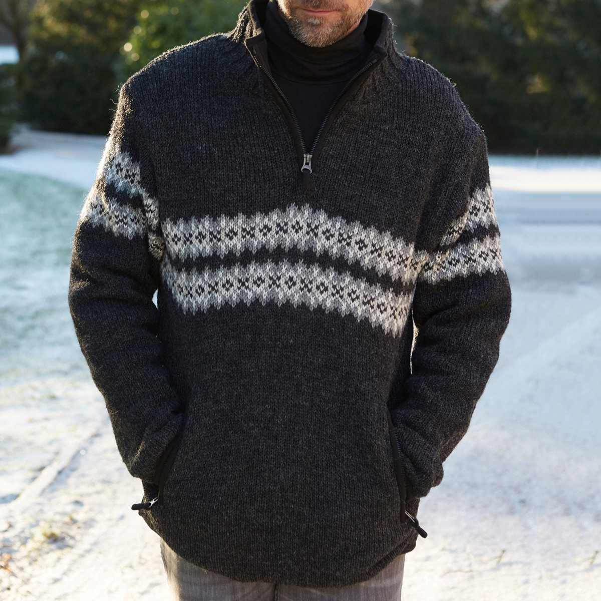 Vintage Warmth Norwool Icelandic Knit Jacquard Half Zip Collar Sweater