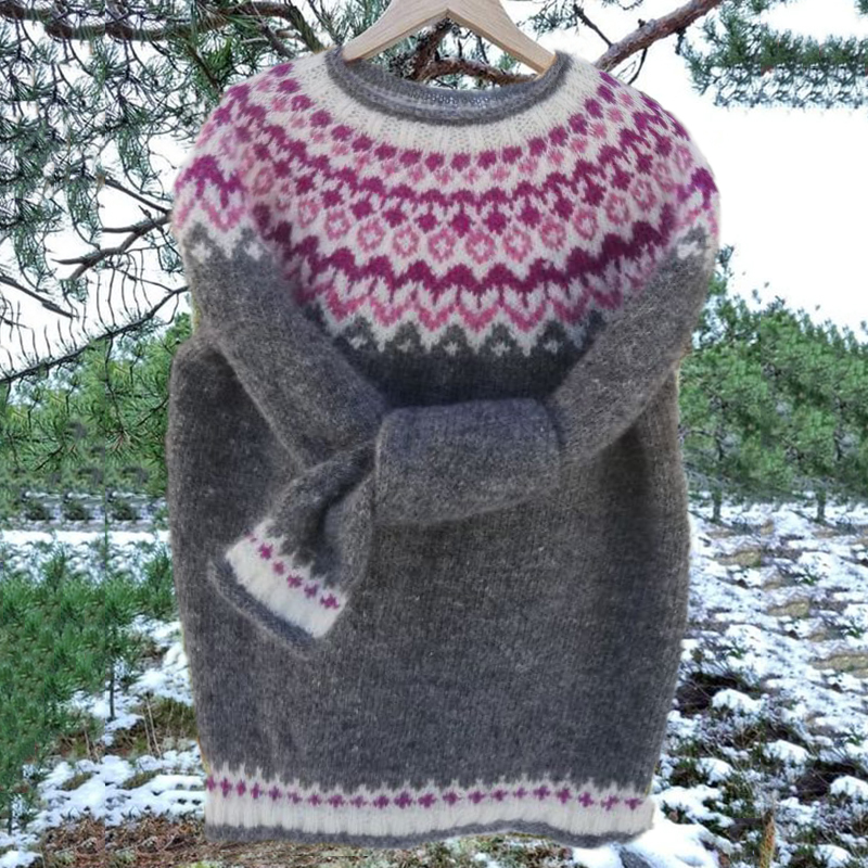 Unisex Vintage Icelandic Knit Jacquard Warmth Crew Neck Sweater