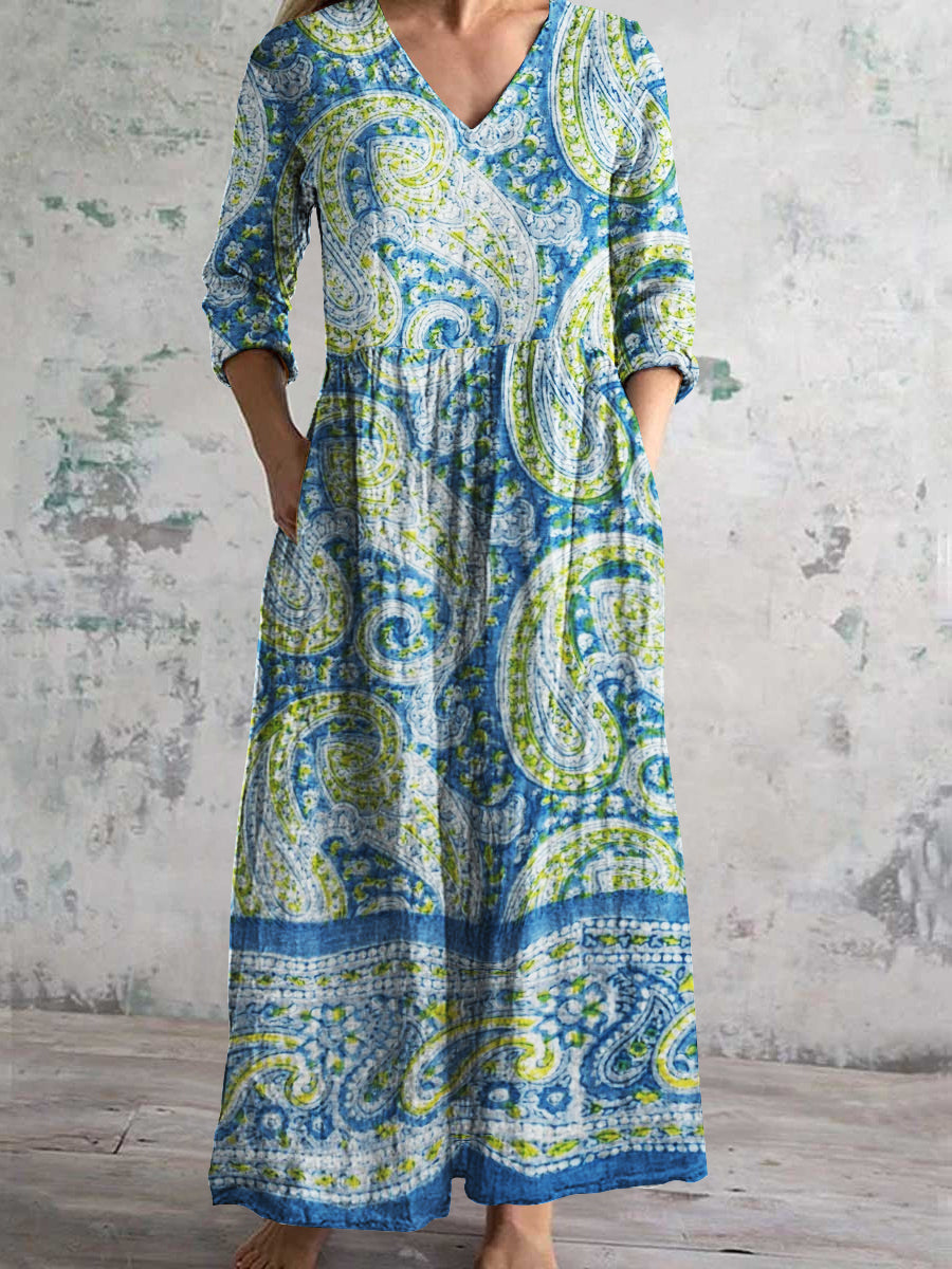 Women's V-Neck Temperament Irregular Pattern Long Sleeve Dresses