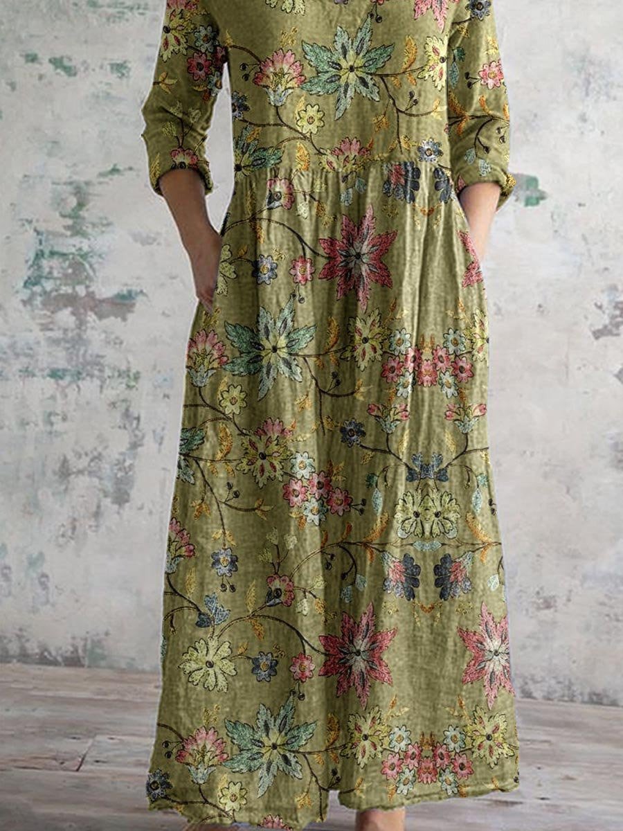 Women's Elegant Floral Pattern Round Neck Cotton and Linen Top