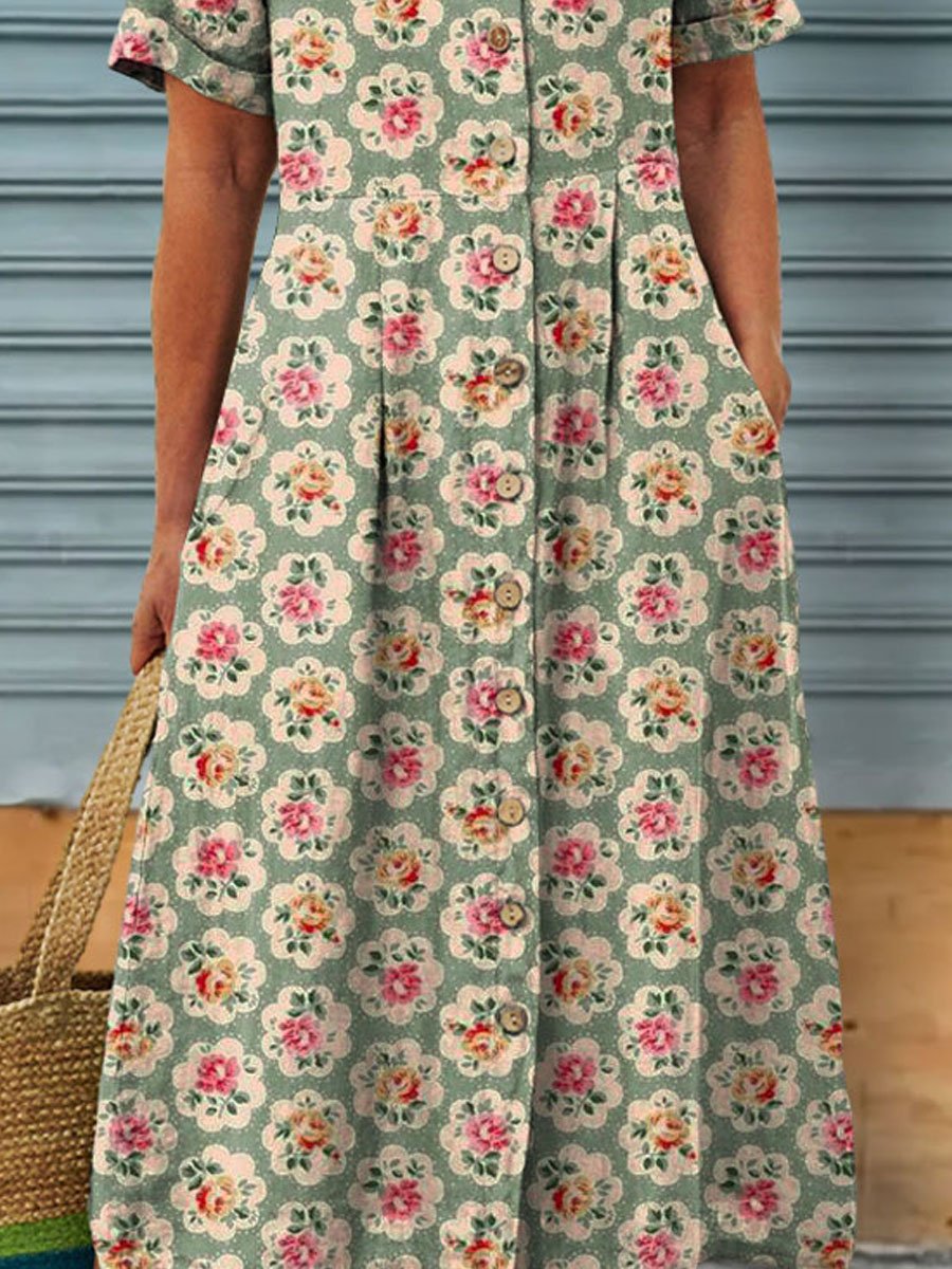 Women's Vintage Floral Art Print Linen Pocket Tunic Dress