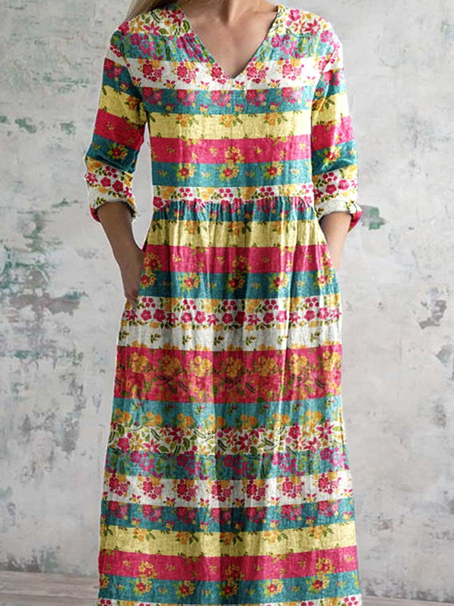 Women's Elegant Floral Pattern V-Neck Cotton Fabric Dress with Pockets