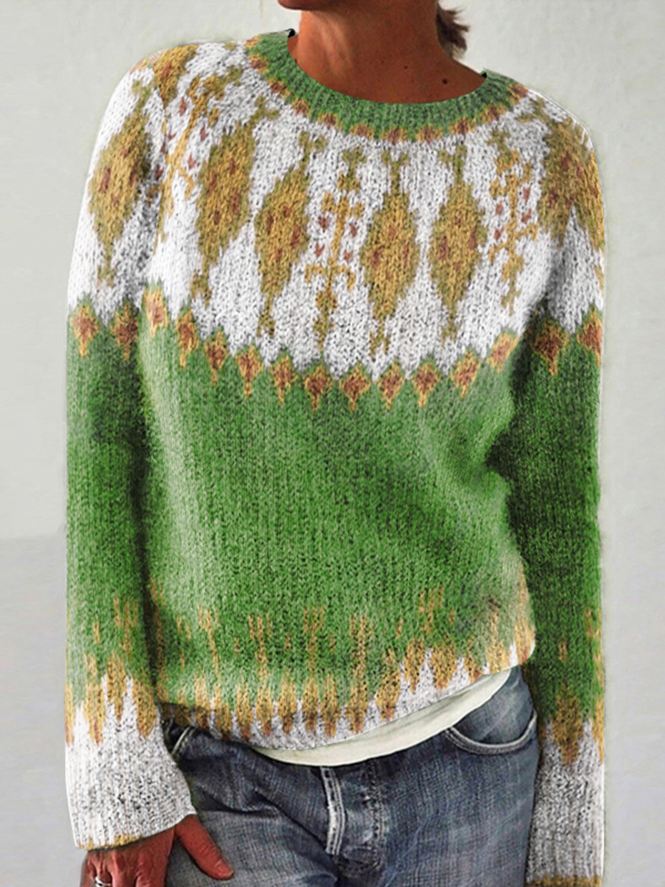 Vintage Contrast Ethnic Pattern Print Sweater