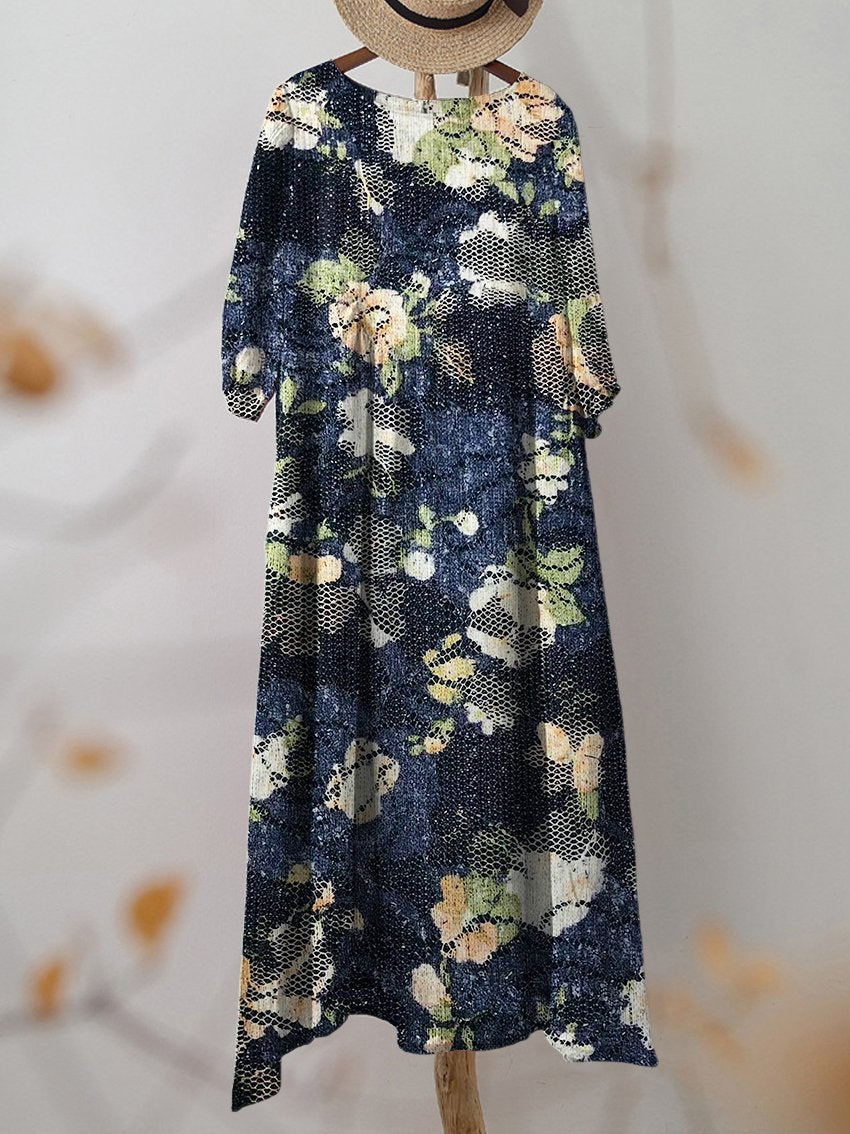 Women's Vintage Dark Floral Print Pocket Cotton Dress