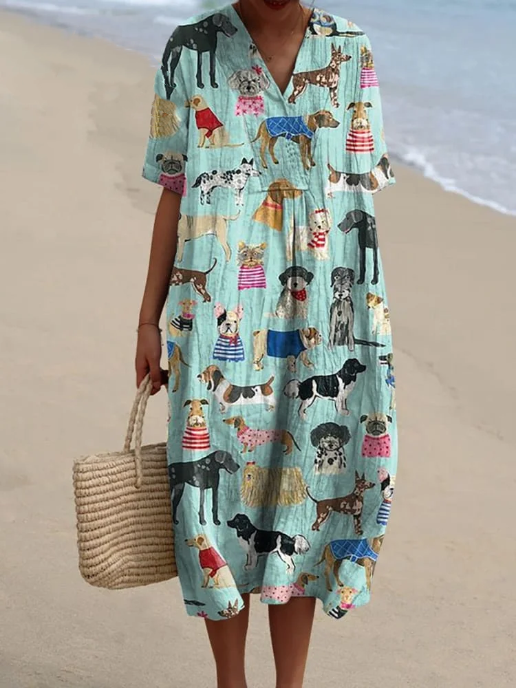 Lovely Puppy Dogs Pattern Printed Women's Flowy Dress
