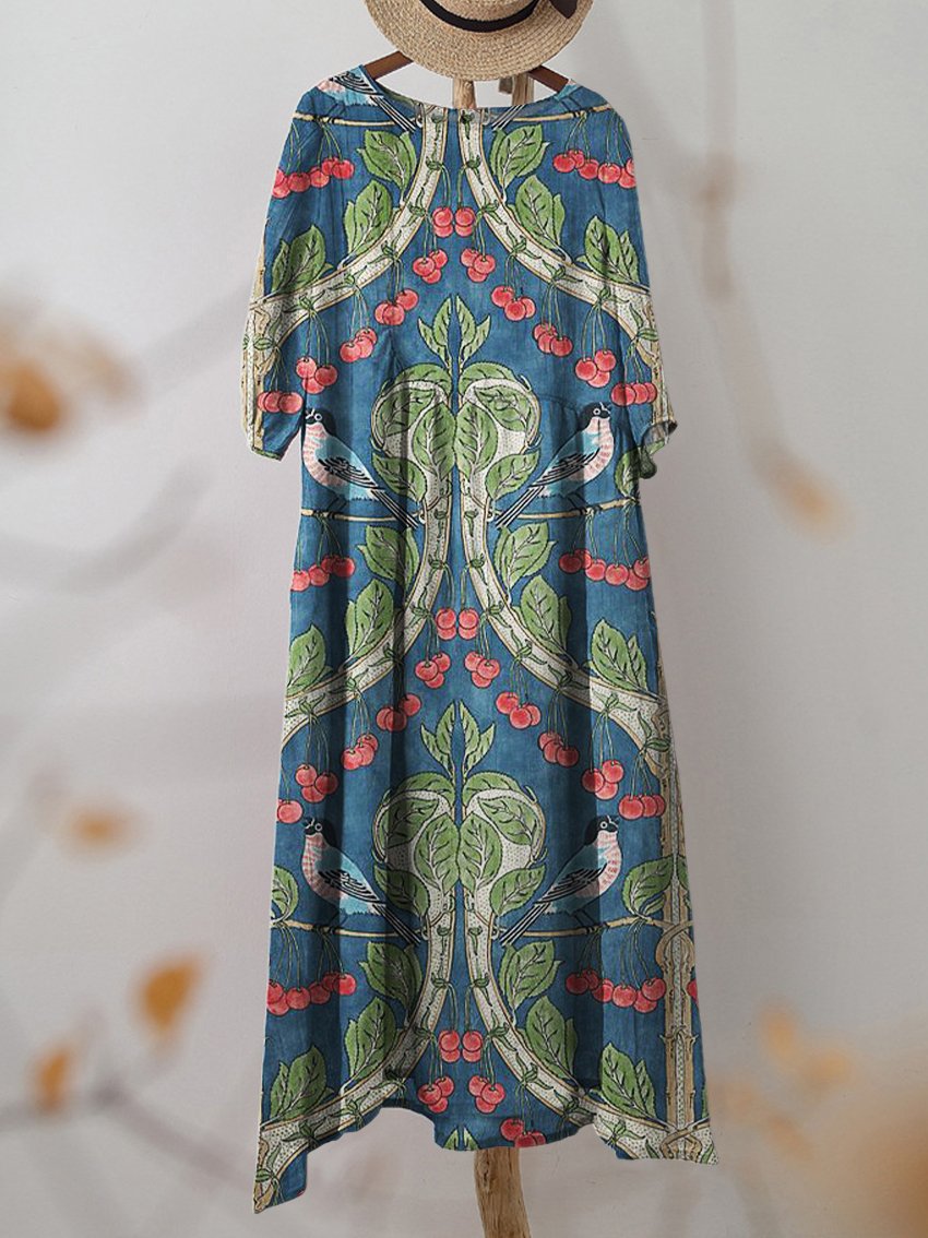 Women's Vintage Symmetrical Bird Cherry Print Pocket Cotton Dress