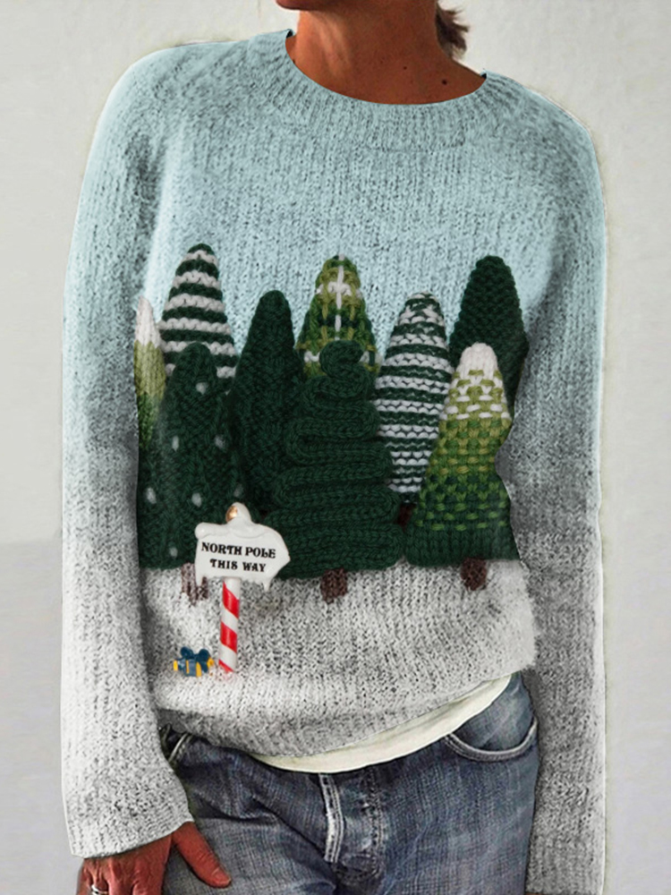 Women's North Po This Way Christmas Trees Embroidery Art Crew Neck Cozy Sweater