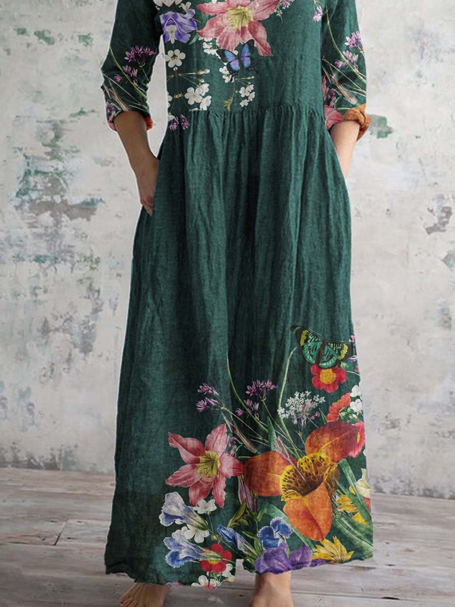 Women's V-neck Elegant Floral Pattern Cotton Dress