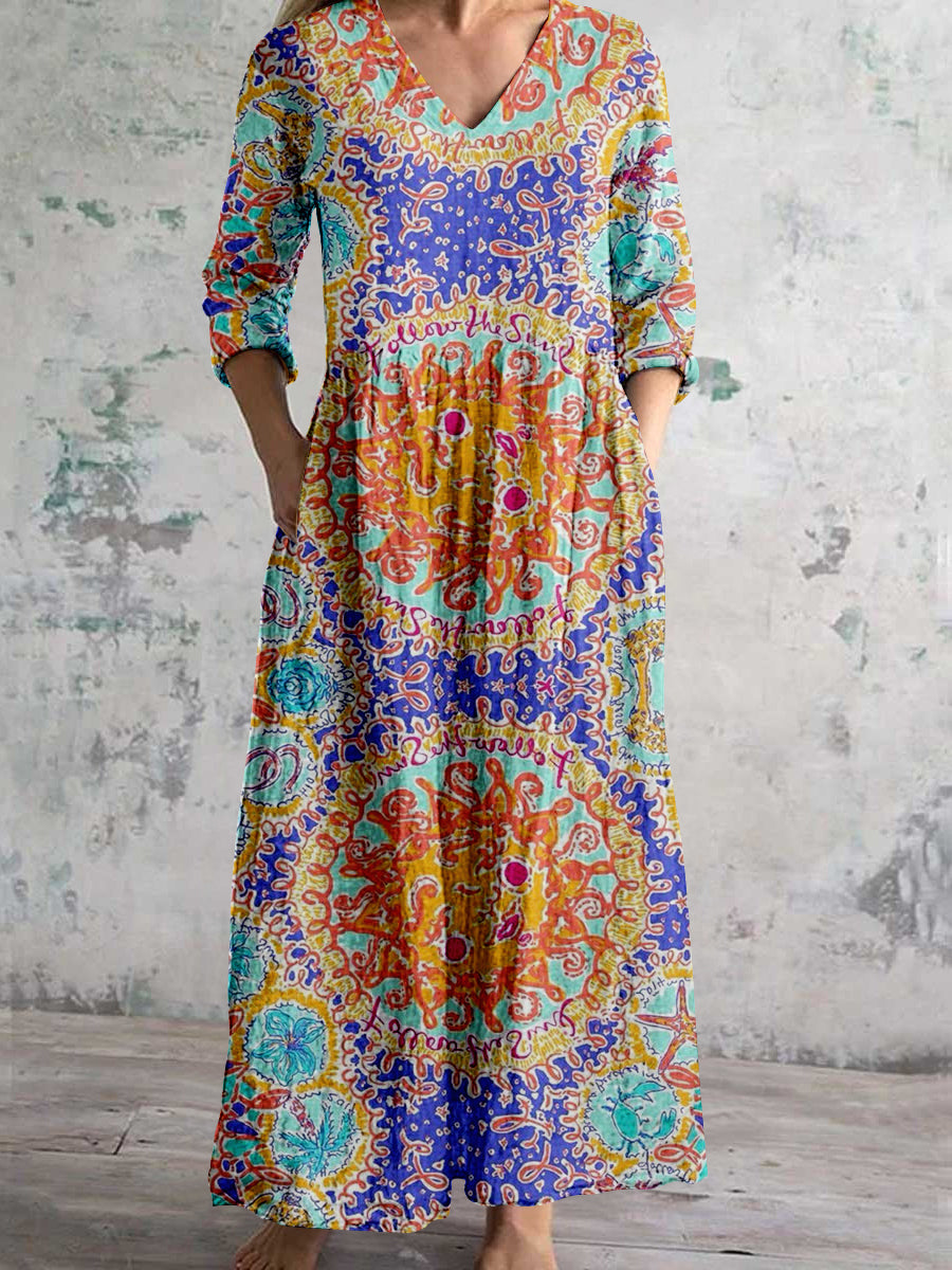 Women's V-Neck Abstract Sun Illustration Art Print Cotton And Linen Pocket Dress