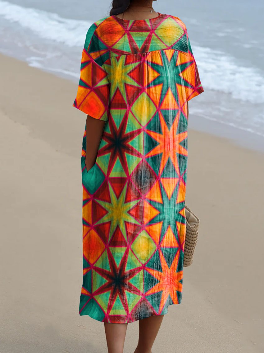 Women's Colorful Geometric Star Element Print Pocket Linen Dress
