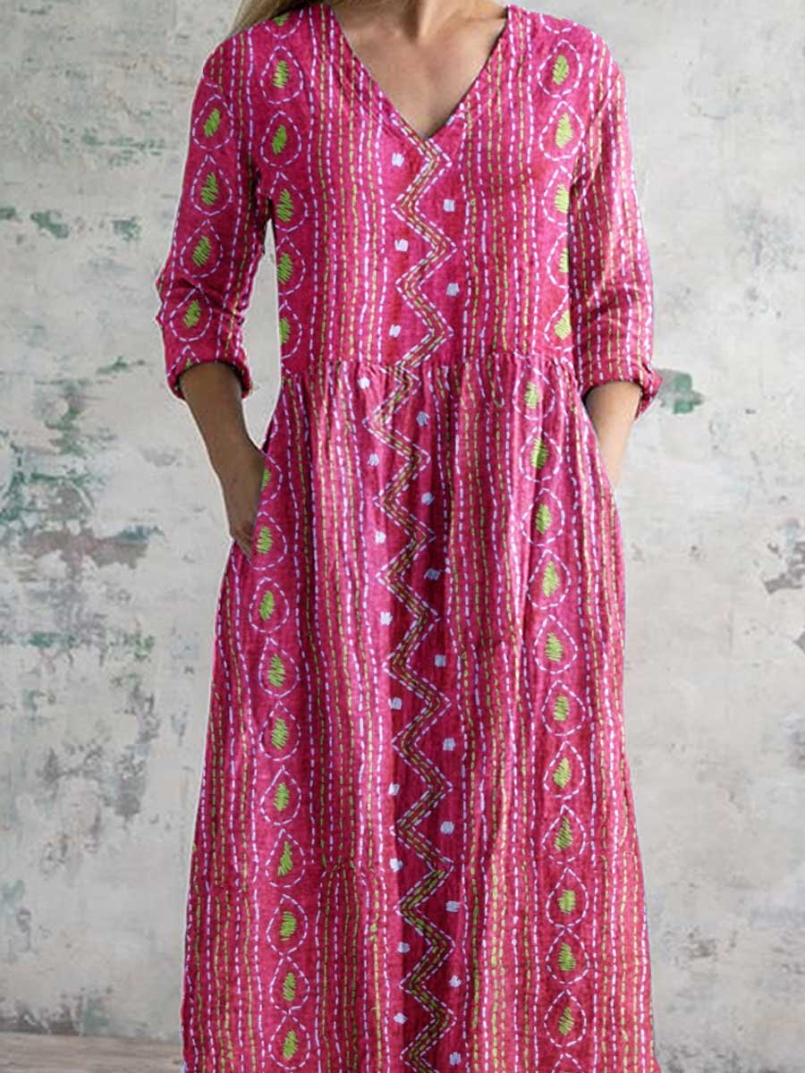 Women's Elegant Retro Geometric Pattern V-neck Cotton Dress