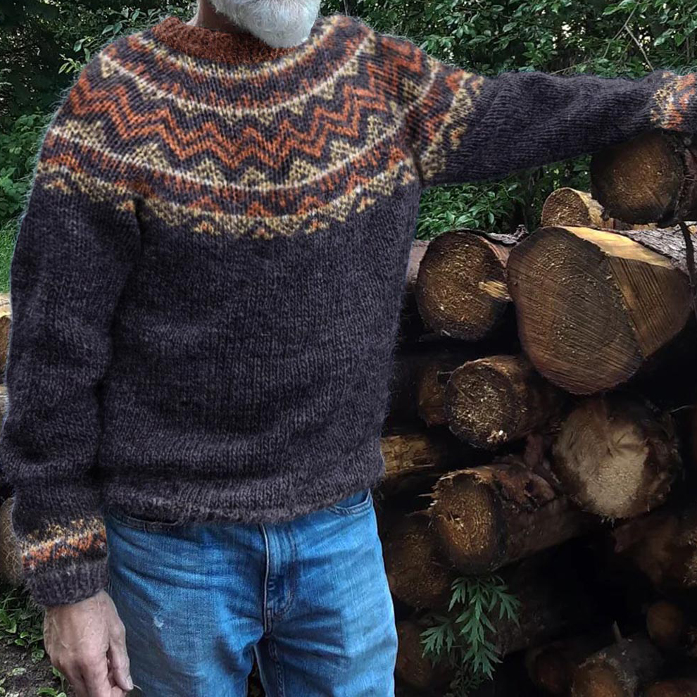 Men's Retro Geometry Wave Pattern Jacquard Icelandic Cozy Knit Sweater