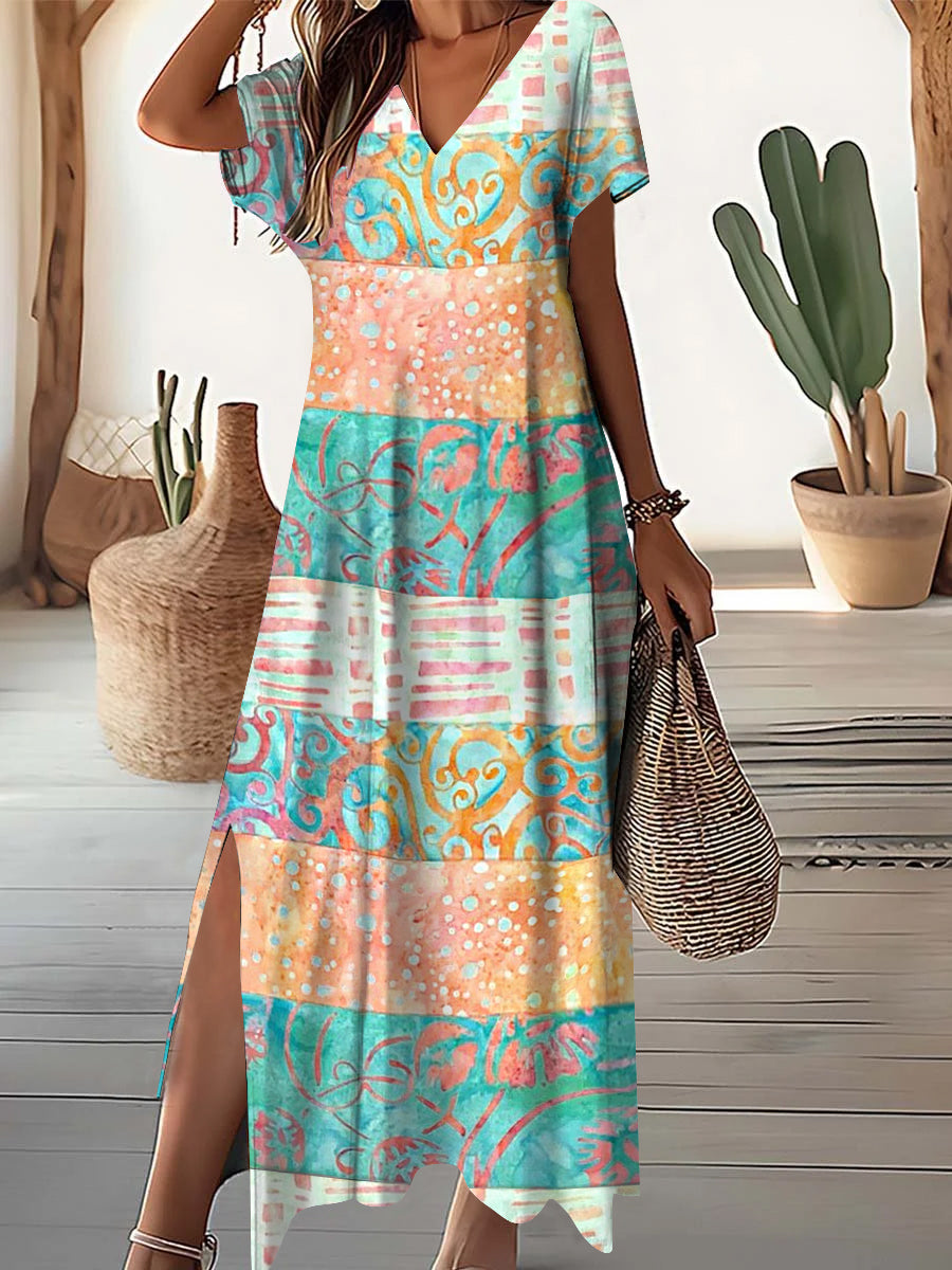 Women's V-Neck Spliced Geometric Pattern Short Sleeve Dress