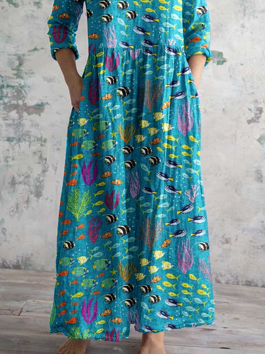Women's V-neck Underwater World Pattern Cotton and Linen Dress With Pockets