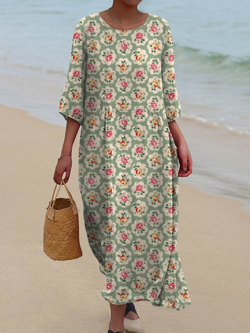 Women's Vintage Floral Art Print Pocket Cotton Dress