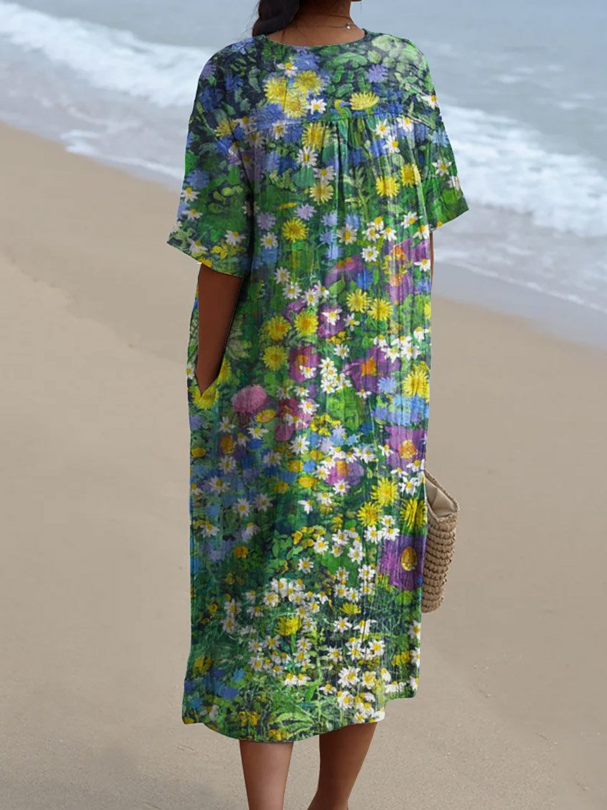 Women's Vintage Lovely Floral Art Print Flowy Dress