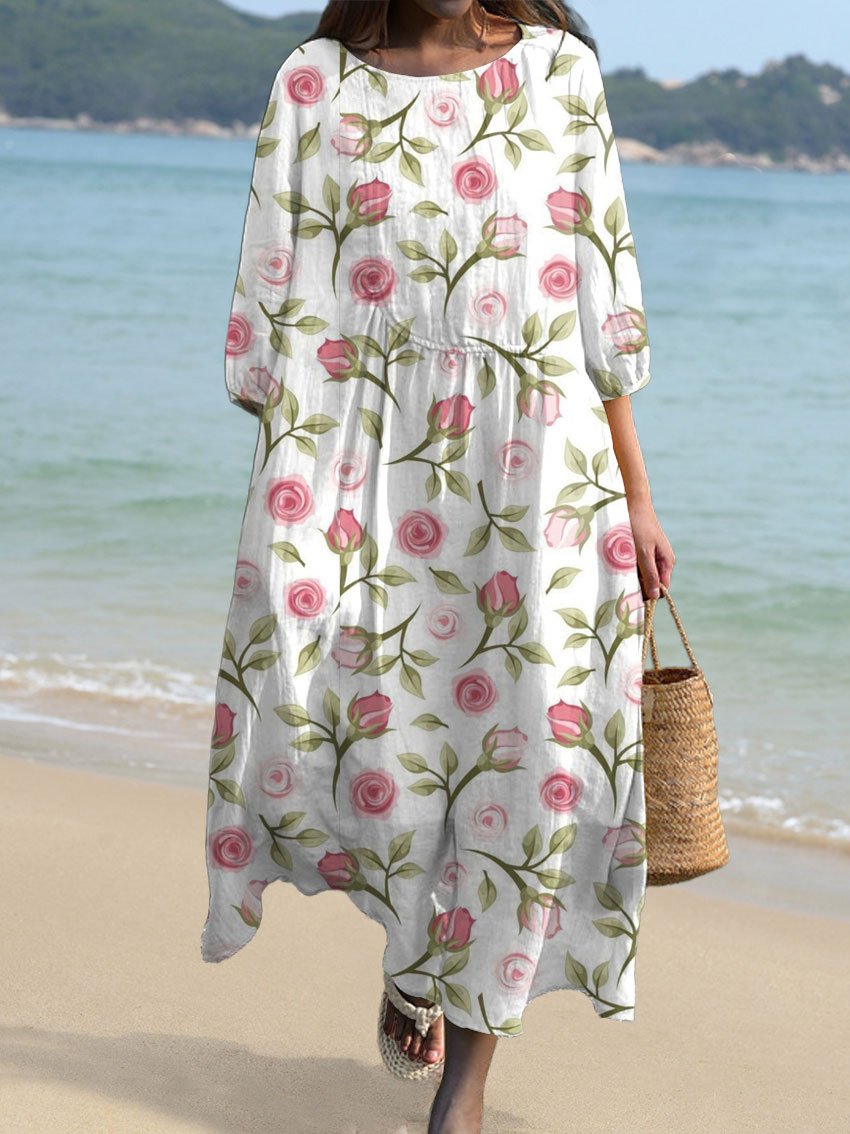 Women's Rose Flower Print Pocket Cotton Dress